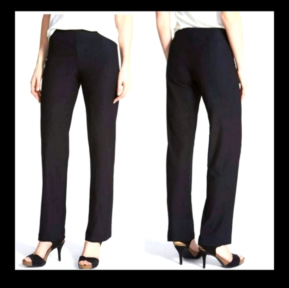 Eileen Fisher Stretch Crepe Pants Straight Leg Pull On Solid Black Minimalist L - Picture 1 of 9